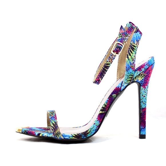 Qupid Shoes - Floral Ankle Strap Stiletto Open Toe Heel Sandal